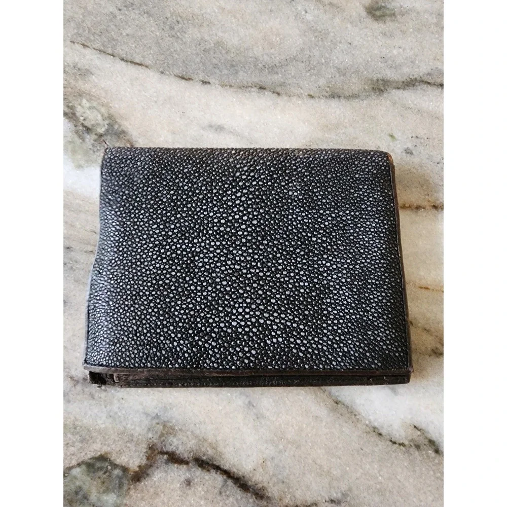 Mizuho Mens Black Genuine Stingray Skin Trifold Wallet White Pearl Eye Exotic